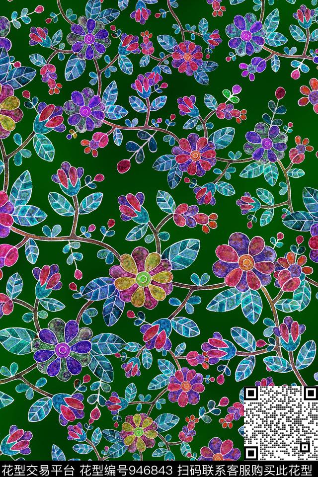 花卉小碎花手绘花卉数码印花华亿平台下载（图片编号: 946843） - 瓦栏（Walan）