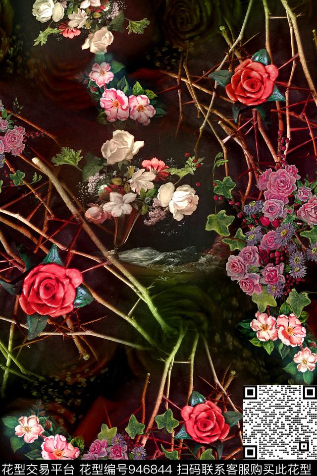 树枝花卉玫瑰花数码印花华亿平台下载（图片编号: 946844） - 瓦栏（Walan）