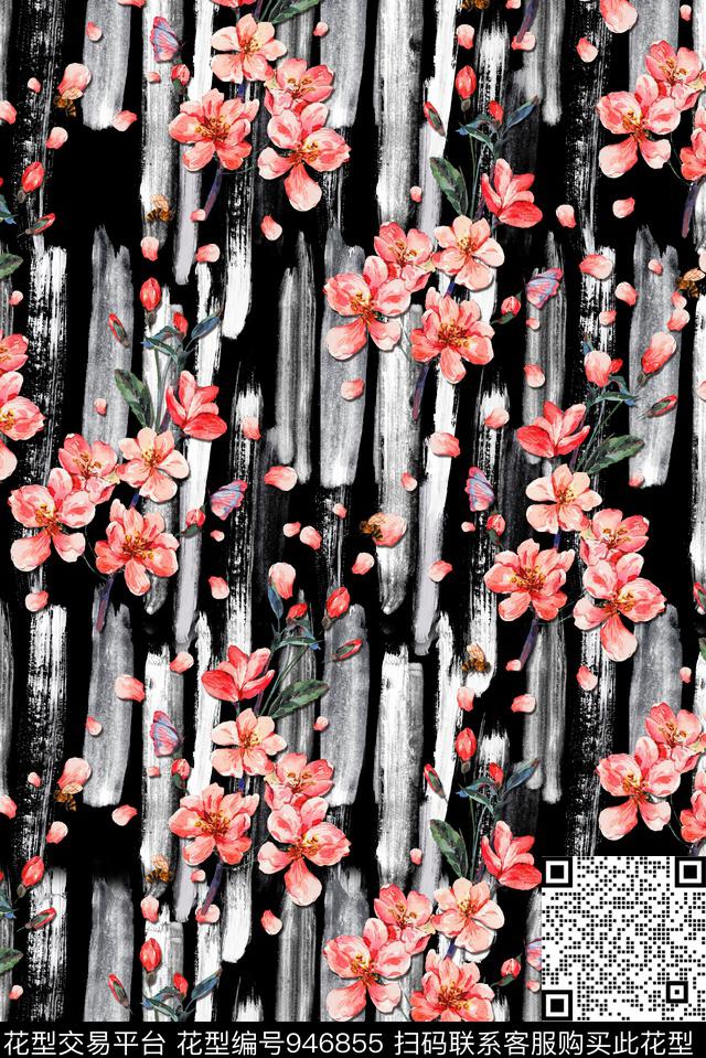 梅花涂鸦花卉数码印花华亿平台下载（图片编号: 946855） - 瓦栏（Walan）