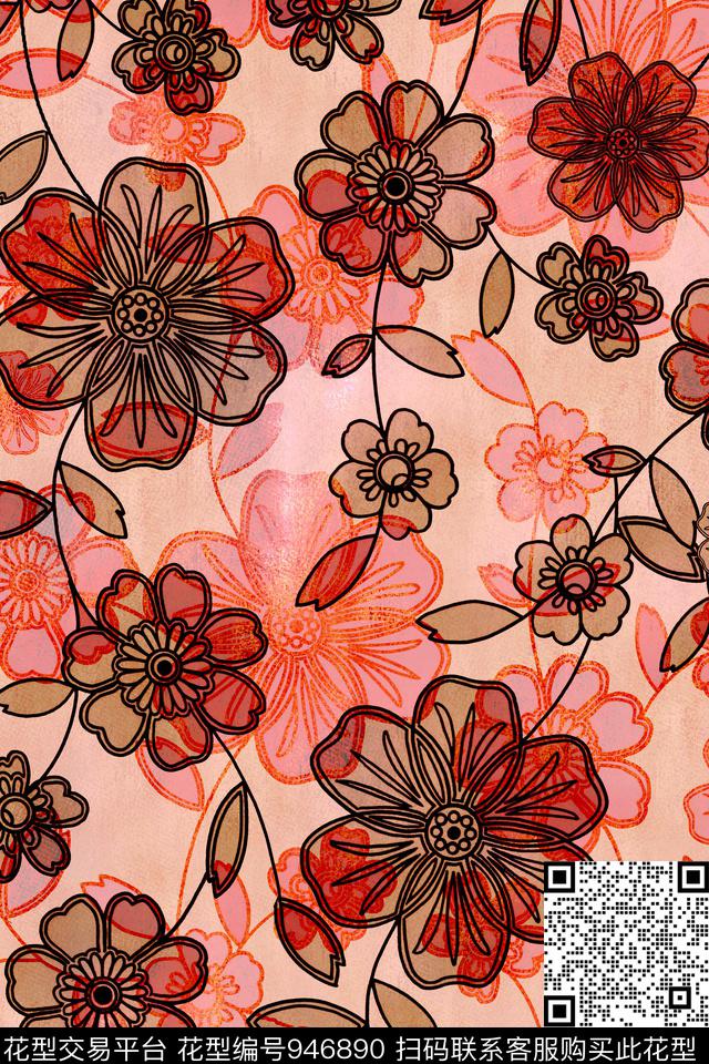 线条花卉纹理年轻女性数码印花华亿平台下载（图片编号: 946890） - 瓦栏（Walan）