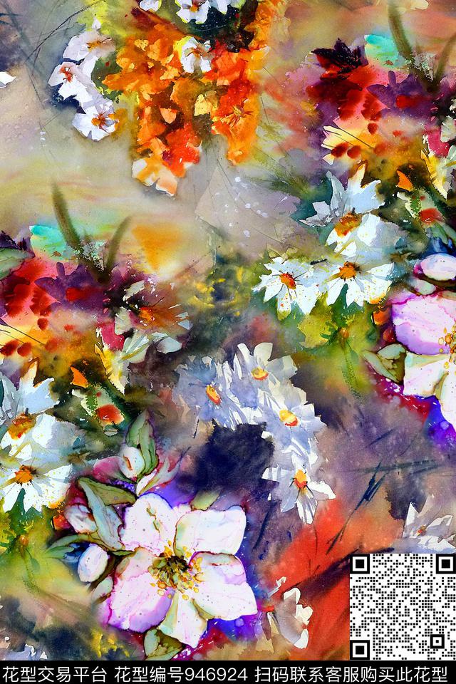 肌理花卉水彩花卉数码印花华亿平台下载（图片编号: 946924） - 瓦栏（Walan）