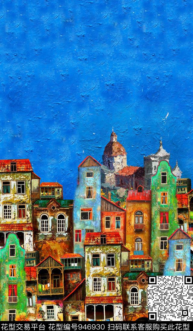 建筑几何油画华亿平台数码印花华亿平台下载（图片编号: 946930） - 瓦栏（Walan）