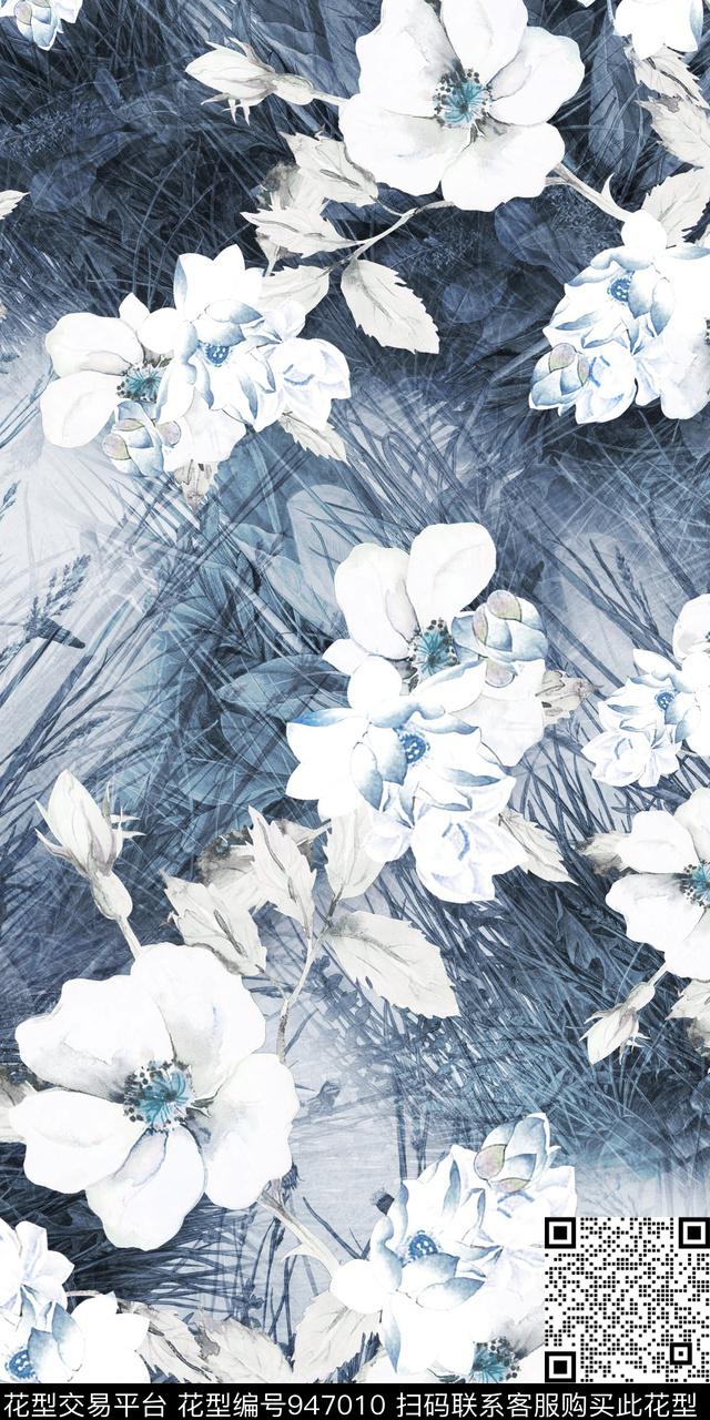 水彩花卉满版散花大牌风数码印花华亿平台下载（图片编号: 947010） - 瓦栏（Walan）