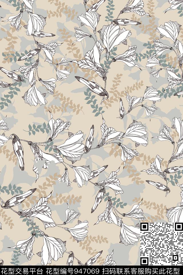 线条花卉几何手绘花卉数码印花华亿平台下载（图片编号: 947069） - 瓦栏（Walan）