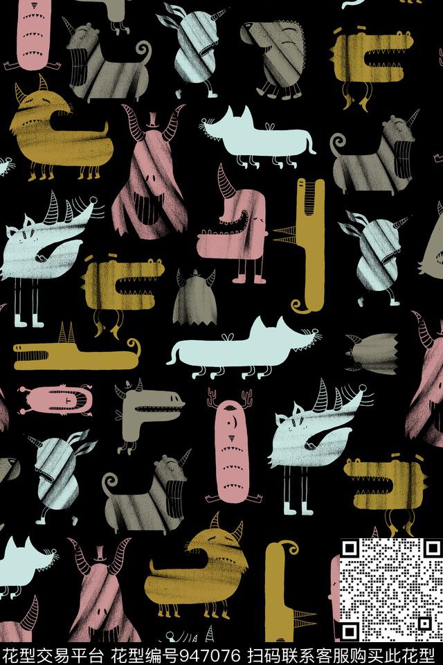 可爱线条卡通数码印花华亿平台下载（图片编号: 947076） - 瓦栏（Walan）