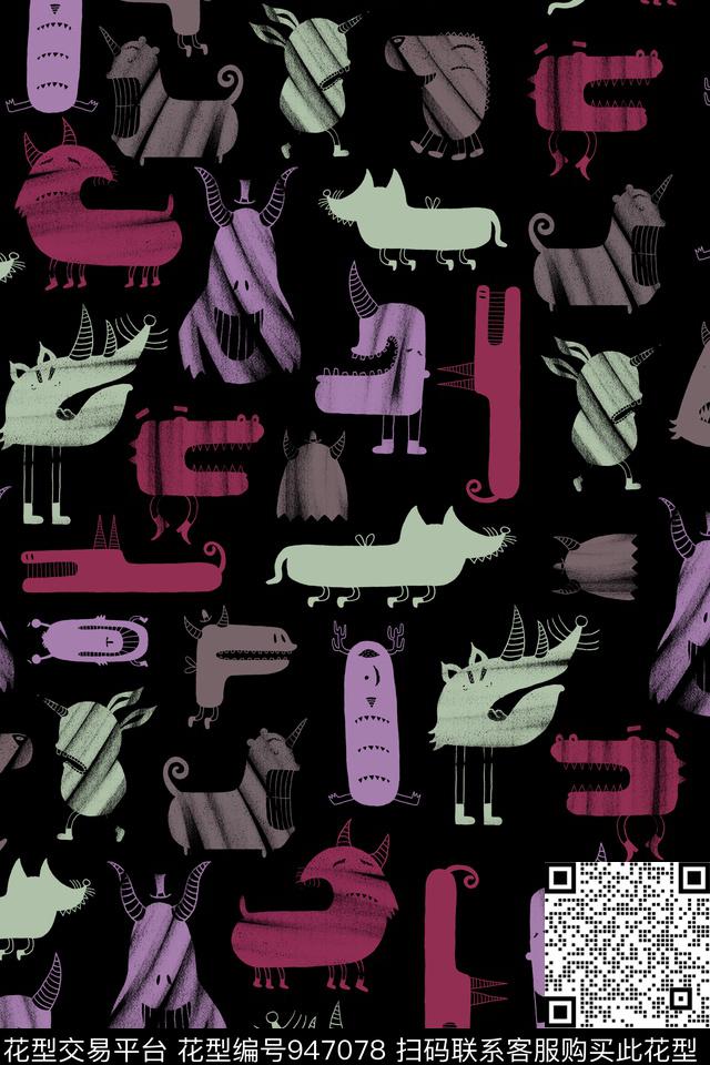 可爱线条卡通数码印花华亿平台下载（图片编号: 947078） - 瓦栏（Walan）