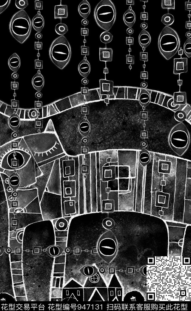 黑白华亿平台民族风猫数码印花华亿平台下载（图片编号: 947131） - 瓦栏（Walan）