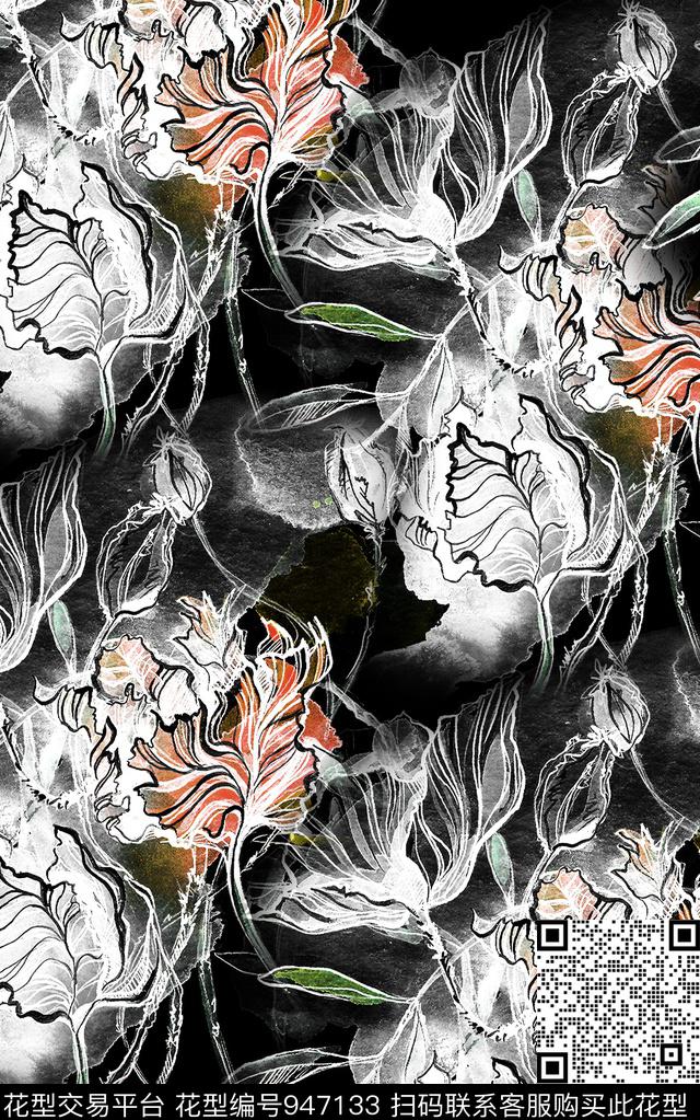 数码华亿平台花卉黑白华亿平台数码印花华亿平台下载（图片编号: 947133） - 瓦栏（Walan）