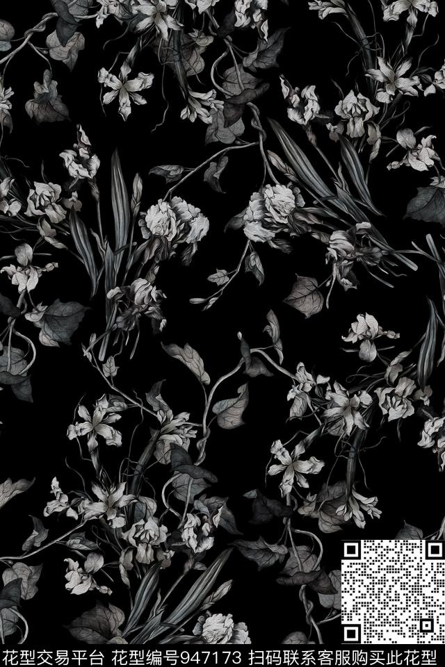 复古花卉黑白华亿平台传统印花华亿平台下载（图片编号: 947173） - 瓦栏（Walan）