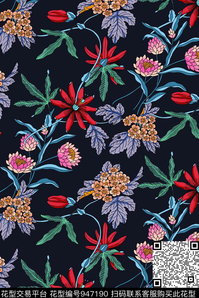 线条花卉绿植树叶复古数码印花华亿平台下载（图片编号: 947190） - 瓦栏（Walan）