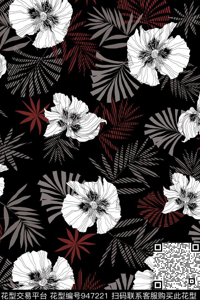 条纹枫叶线条花卉数码印花华亿平台下载（图片编号: 947221） - 瓦栏（Walan）