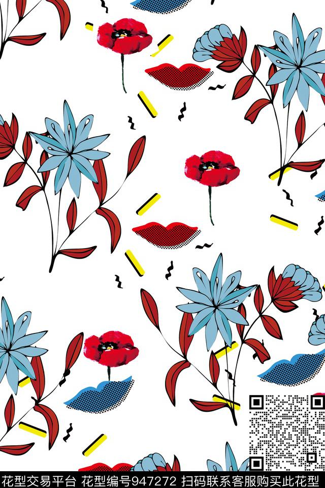 嘴唇花卉几何数码印花华亿平台下载（图片编号: 947272） - 瓦栏（Walan）