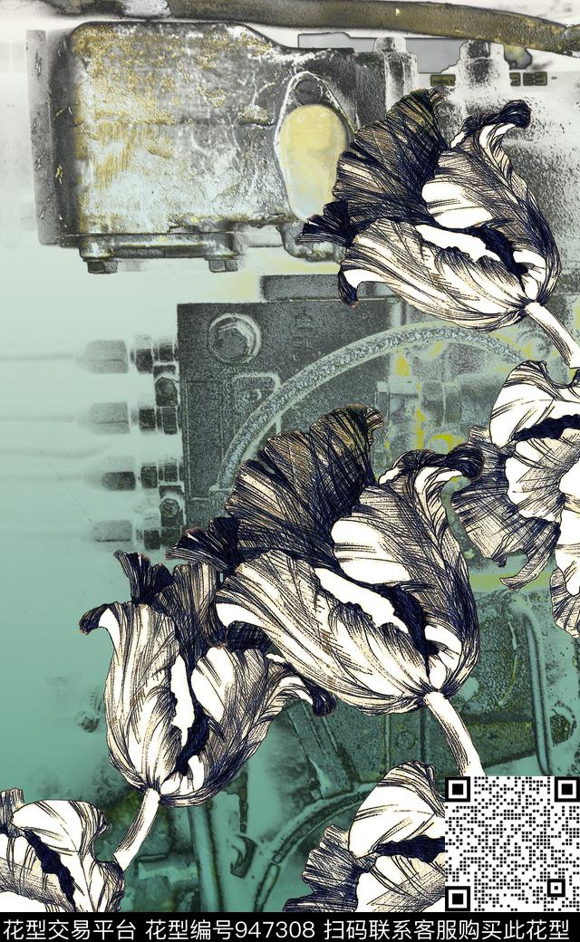 线条花卉定位花手绘大花数码印花华亿平台下载（图片编号: 947308） - 瓦栏（Walan）