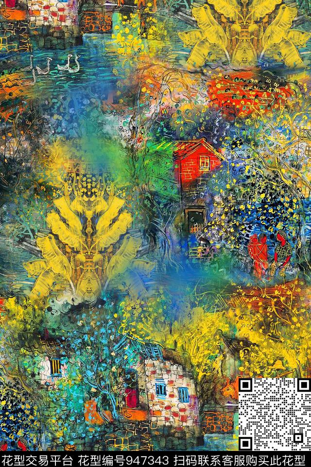 肌理抽象水彩花卉数码印花华亿平台下载（图片编号: 947343） - 瓦栏（Walan）