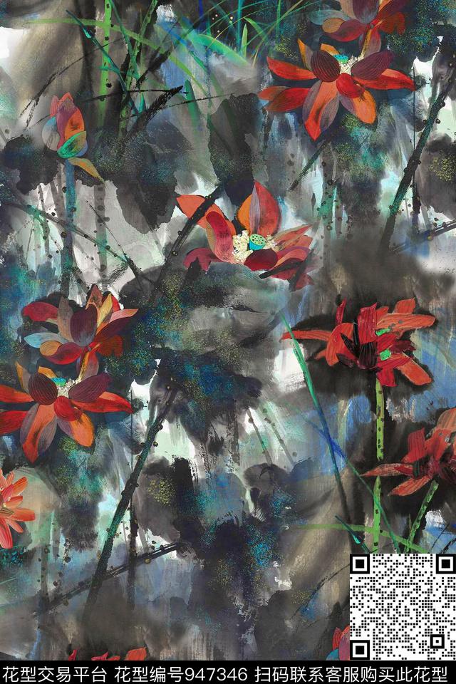荷花中国风水墨风数码印花华亿平台下载（图片编号: 947346） - 瓦栏（Walan）