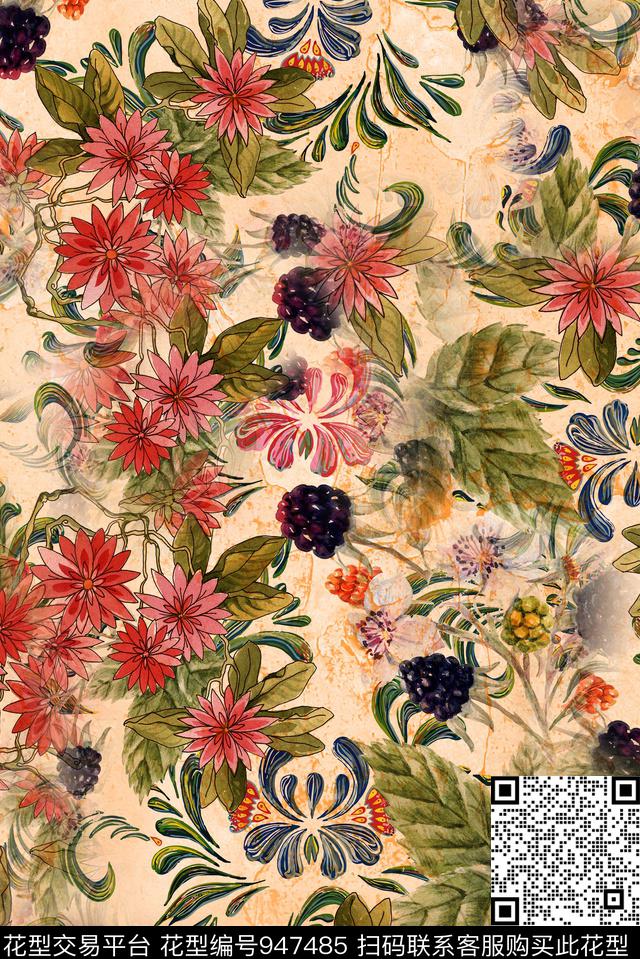 手绘花卉传统纹样满版散花数码印花华亿平台下载（图片编号: 947485） - 瓦栏（Walan）
