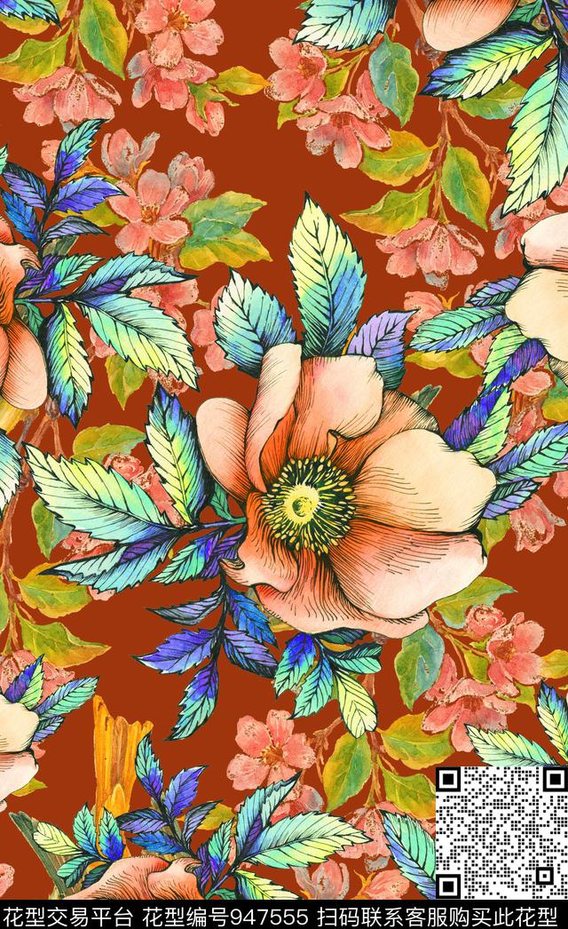 大花手绘花卉绿植树叶数码印花华亿平台下载（图片编号: 947555） - 瓦栏（Walan）