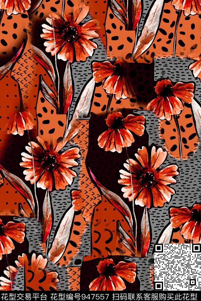 花卉几何手绘花卉数码印花华亿平台下载（图片编号: 947557） - 瓦栏（Walan）
