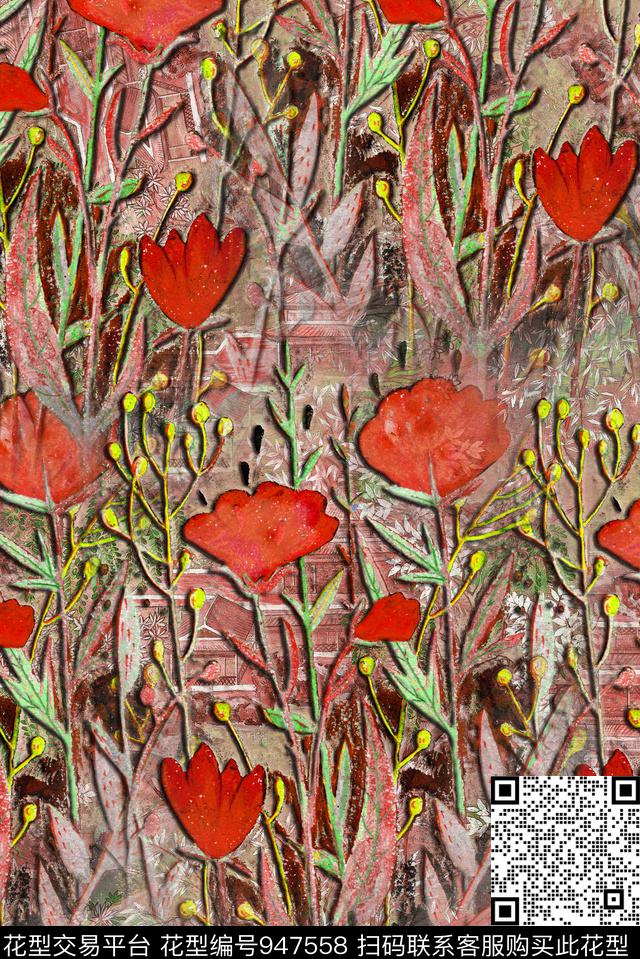 花卉手绘花卉3D立体数码印花华亿平台下载（图片编号: 947558） - 瓦栏（Walan）