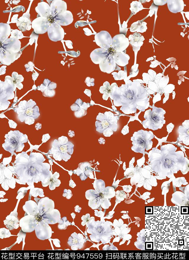 植物花卉手绘花卉数码印花华亿平台下载（图片编号: 947559） - 瓦栏（Walan）