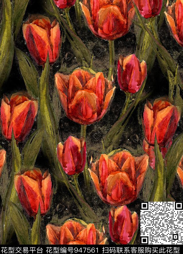 郁金香花卉手绘花卉数码印花华亿平台下载（图片编号: 947561） - 瓦栏（Walan）