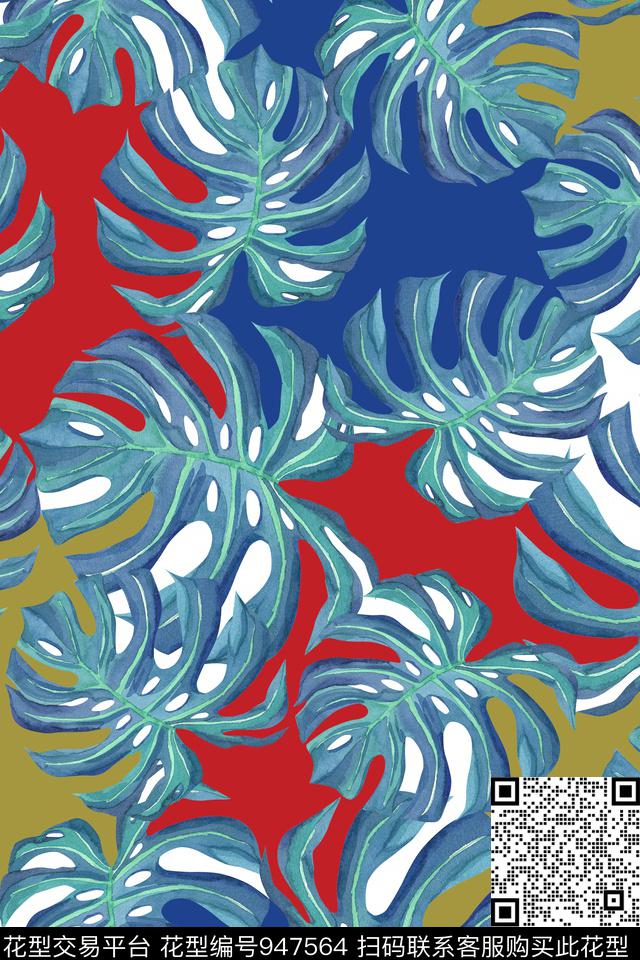 绿植树叶几何颜色拼接数码印花华亿平台下载（图片编号: 947564） - 瓦栏（Walan）