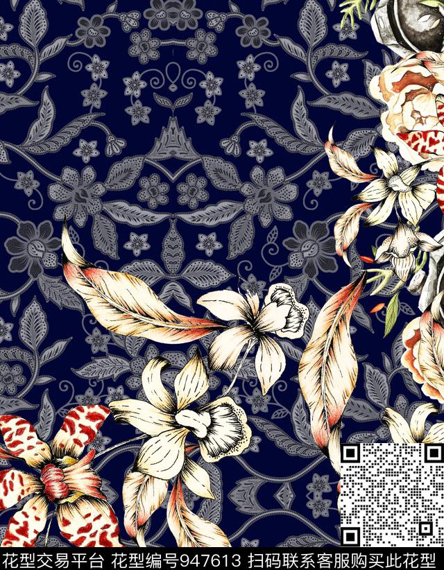 民族风卷草定位花数码印花华亿平台下载（图片编号: 947613） - 瓦栏（Walan）