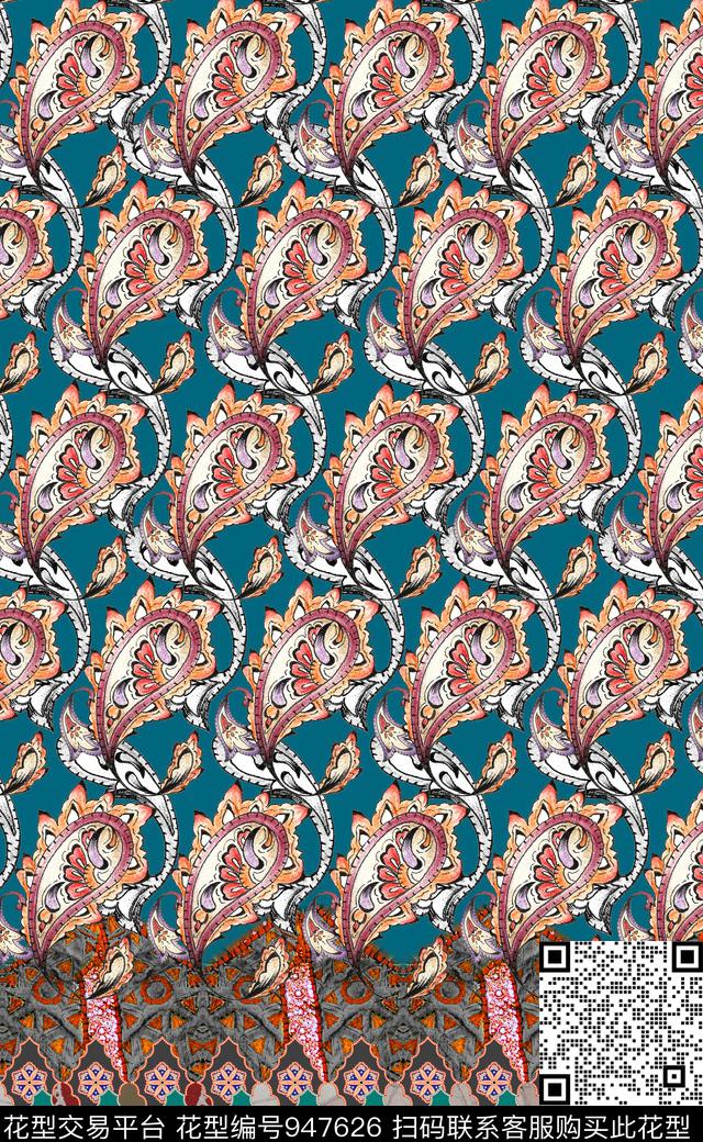 民族风卷草定位花数码印花华亿平台下载（图片编号: 947626） - 瓦栏（Walan）