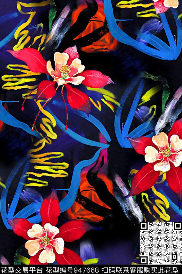 花卉水彩纹理女装数码印花华亿平台下载（图片编号: 947668） - 瓦栏（Walan）