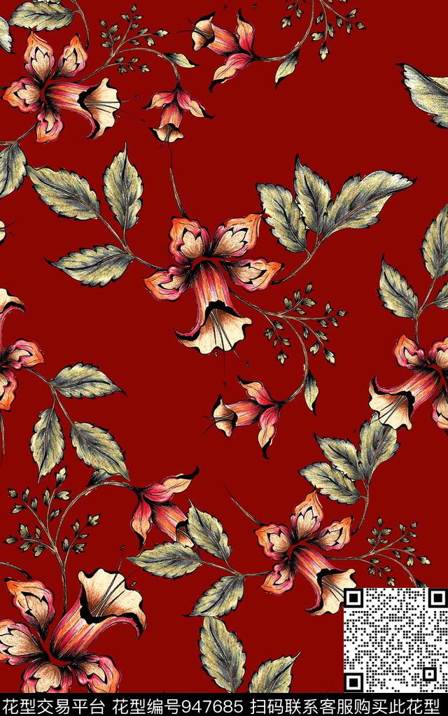 小碎花线条花卉数码印花华亿平台下载（图片编号: 947685） - 瓦栏（Walan）
