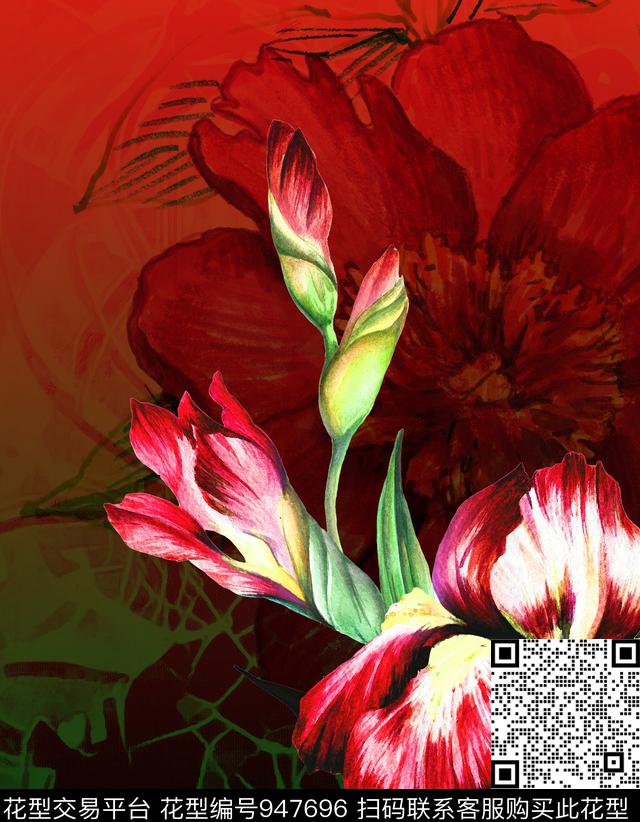 渐变定位花大花定位数码印花华亿平台下载（图片编号: 947696） - 瓦栏（Walan）