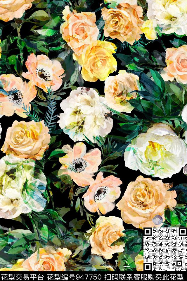 彩底花卉水彩花卉手绘花卉数码印花华亿平台下载（图片编号: 947750） - 瓦栏（Walan）