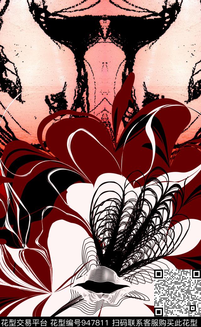 肌理线条花卉色块花卉数码印花华亿平台下载（图片编号: 947811） - 瓦栏（Walan）