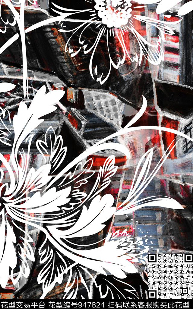 肌理卷草黑白华亿平台数码印花华亿平台下载（图片编号: 947824） - 瓦栏（Walan）