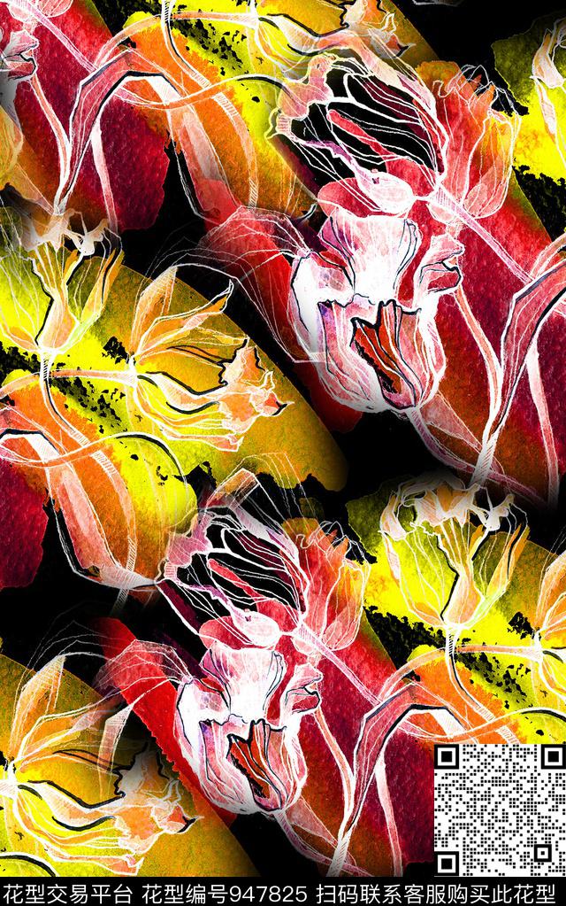 朦胧花卉线条花卉数码华亿平台数码印花华亿平台下载（图片编号: 947825） - 瓦栏（Walan）