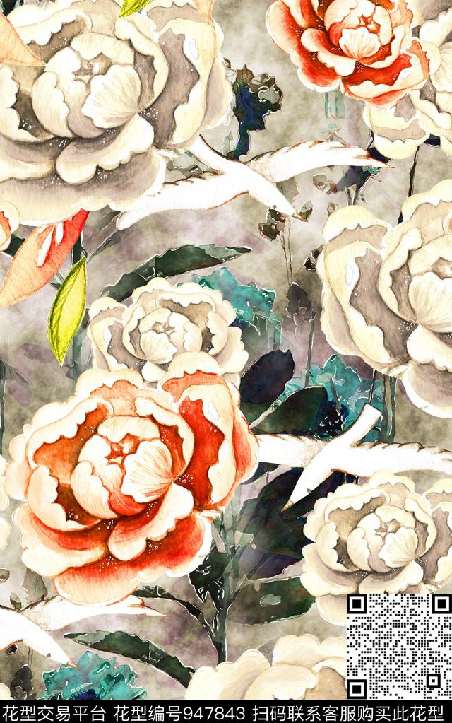朦胧花卉线条花卉数码华亿平台数码印花华亿平台下载（图片编号: 947843） - 瓦栏（Walan）