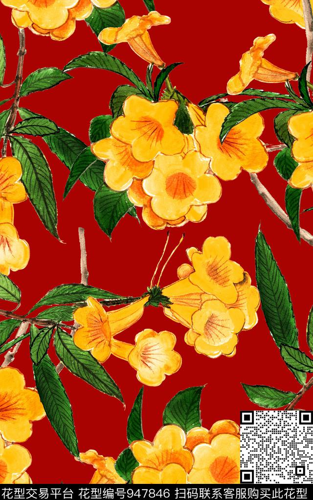 朦胧花卉数码华亿平台中国风数码印花华亿平台下载（图片编号: 947846） - 瓦栏（Walan）