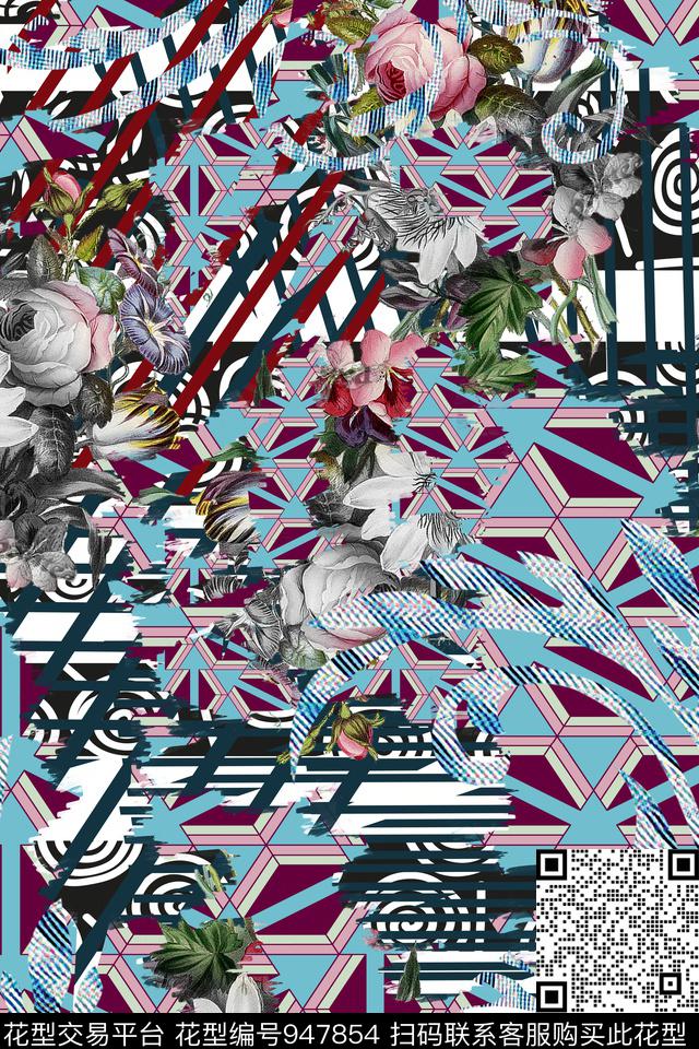 混合拼接几何撕边数码印花华亿平台下载（图片编号: 947854） - 瓦栏（Walan）