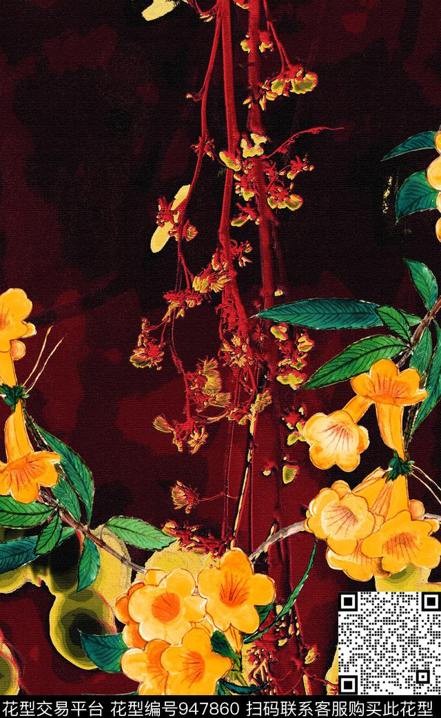 朦胧花卉抽象定位花数码印花华亿平台下载（图片编号: 947860） - 瓦栏（Walan）