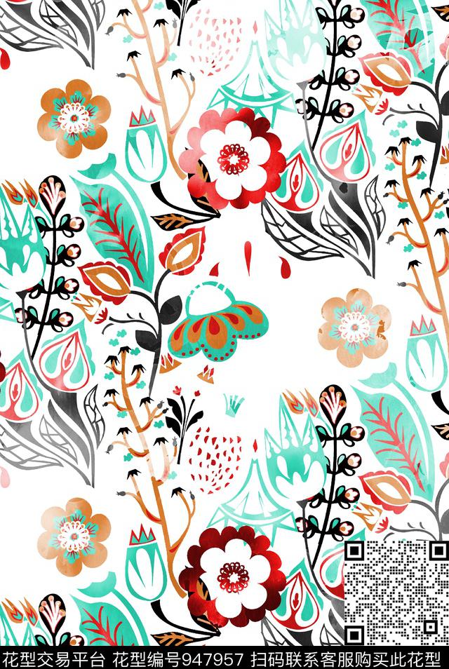 花卉水彩花卉手绘花卉数码印花华亿平台下载（图片编号: 947957） - 瓦栏（Walan）