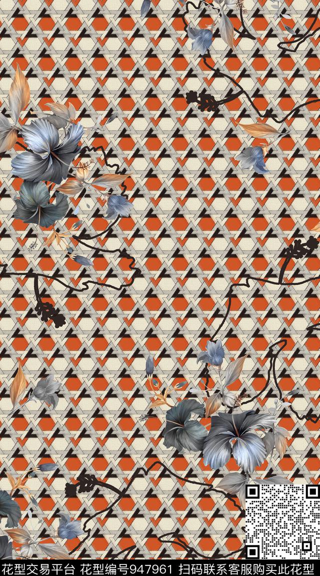 线条花卉手绘花卉菱格数码印花华亿平台下载（图片编号: 947961） - 瓦栏（Walan）