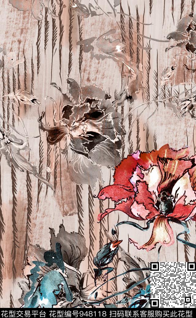 线条花卉数码华亿平台定位花数码印花华亿平台下载（图片编号: 948118） - 瓦栏（Walan）