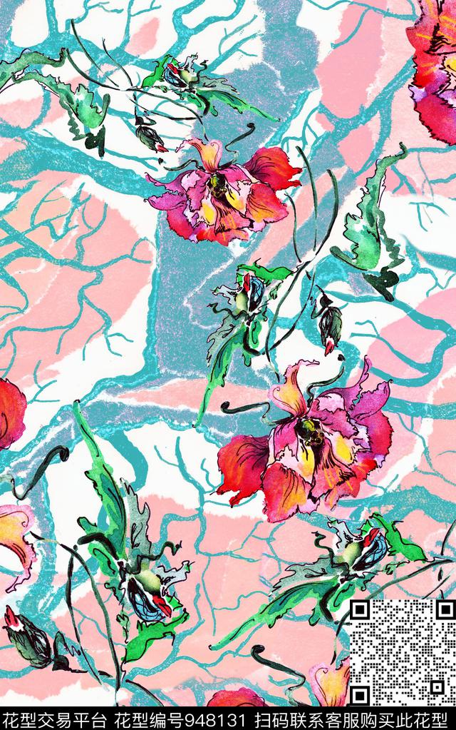 肌理线条花卉数码印花华亿平台下载（图片编号: 948131） - 瓦栏（Walan）