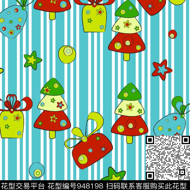 条纹卡通圣诞树数码印花华亿平台下载（图片编号: 948198） - 瓦栏（Walan）