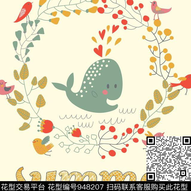 卡通动物鲸鱼花环数码印花华亿平台下载（图片编号: 948207） - 瓦栏（Walan）