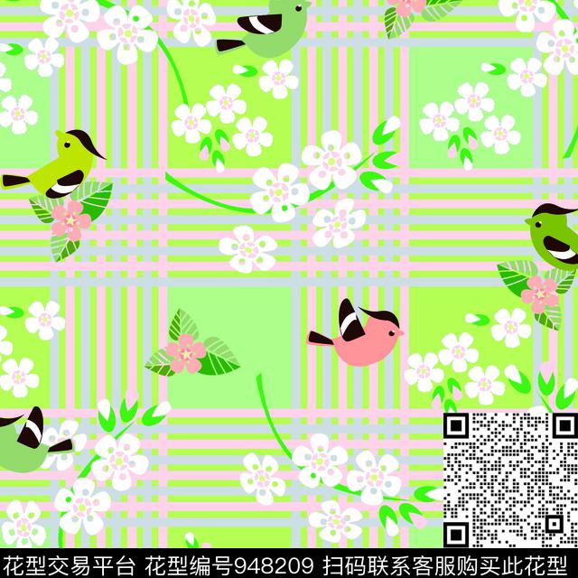 格子卡通鸟数码印花华亿平台下载（图片编号: 948209） - 瓦栏（Walan）