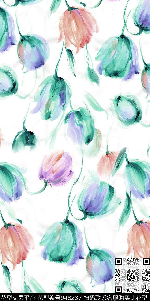 小碎花手绘花卉手绘郁金香数码印花华亿平台下载（图片编号: 948237） - 瓦栏（Walan）