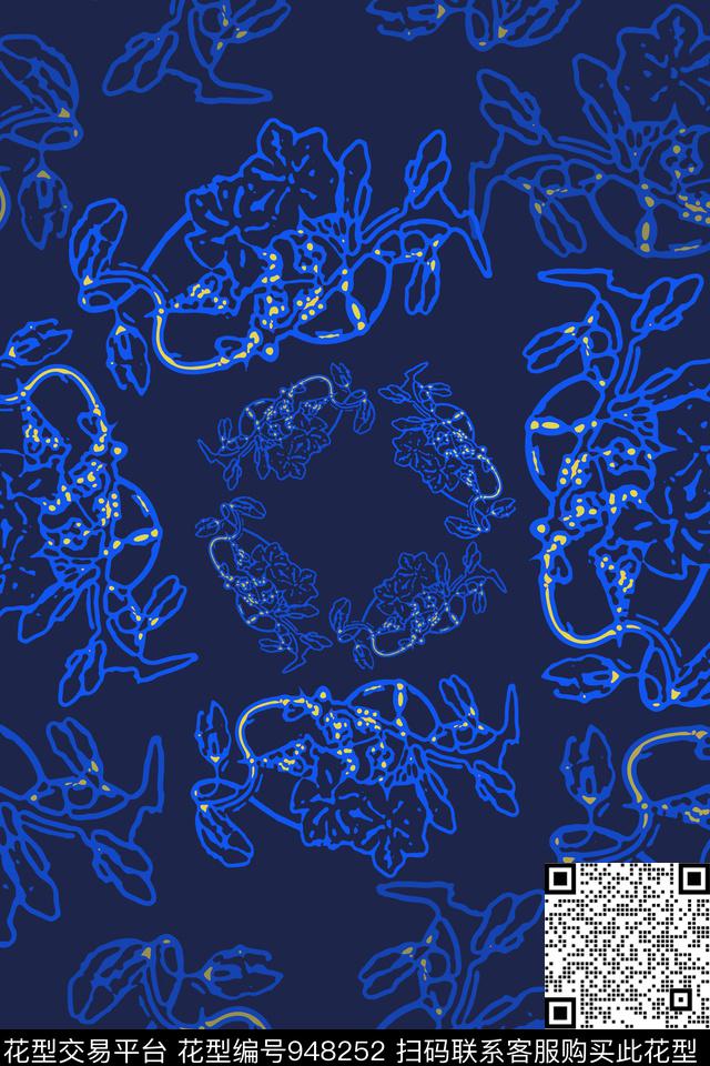 秋冬华亿平台民族花卉风格化花卉传统印花华亿平台下载（图片编号: 948252） - 瓦栏（Walan）