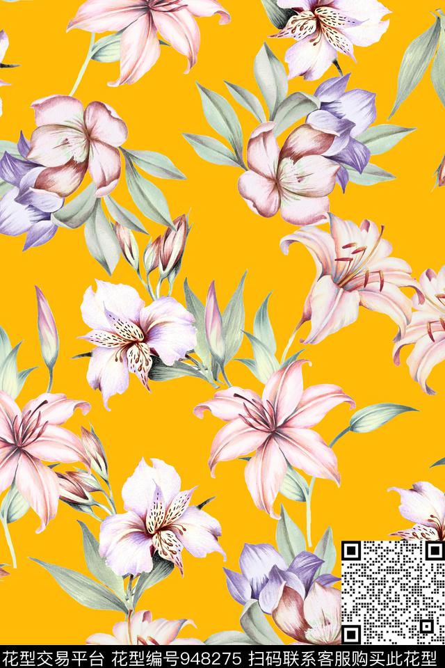 手绘花卉彩色底清爽底花卉数码印花华亿平台下载（图片编号: 948275） - 瓦栏（Walan）