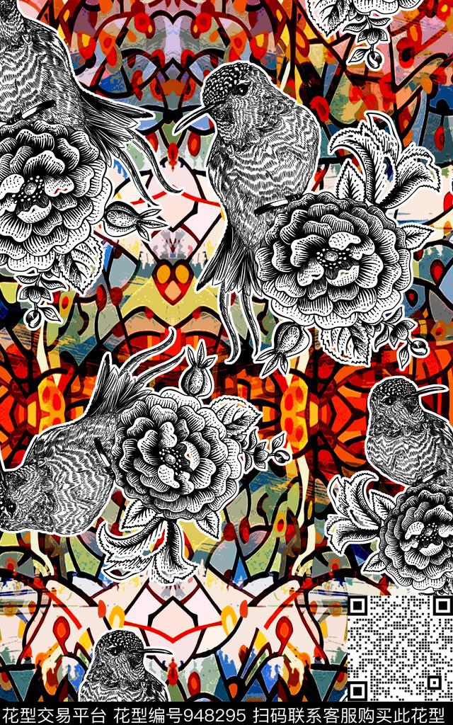几何花鸟黑白华亿平台数码印花华亿平台下载（图片编号: 948295） - 瓦栏（Walan）